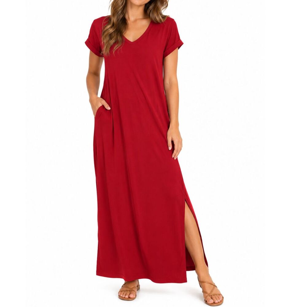 Bobi Los Angeles Red V-Neck Maxi T-Shirt Dress with Pockets | XS